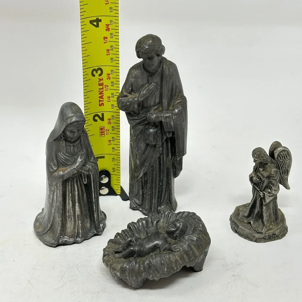 Vintage Pewter Tone Metal Nativity Set 4 Piece Holy Family Angel Figurines
